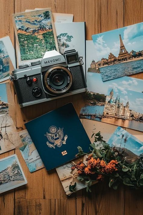 Camera, passport, and travel photos on table