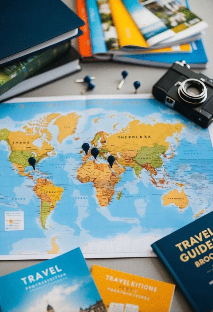World map with pins, camera, and travel brochures