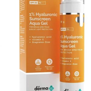 The Derma Co 1% Hyaluronic Sunscreen Aqua Gel SPF 50 PA++++ | Broad Spectrum UVA & UVB Protection | Fragrance-Free | Non-Greasy | For All Skin Types | 50g
